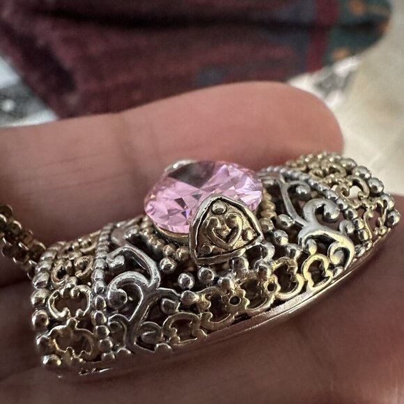 Necklace w Slide Pendant 17" Oval Pink Gem Ornate 925 Sterling Gold Plated 22.3g - Picture 10 of 12
